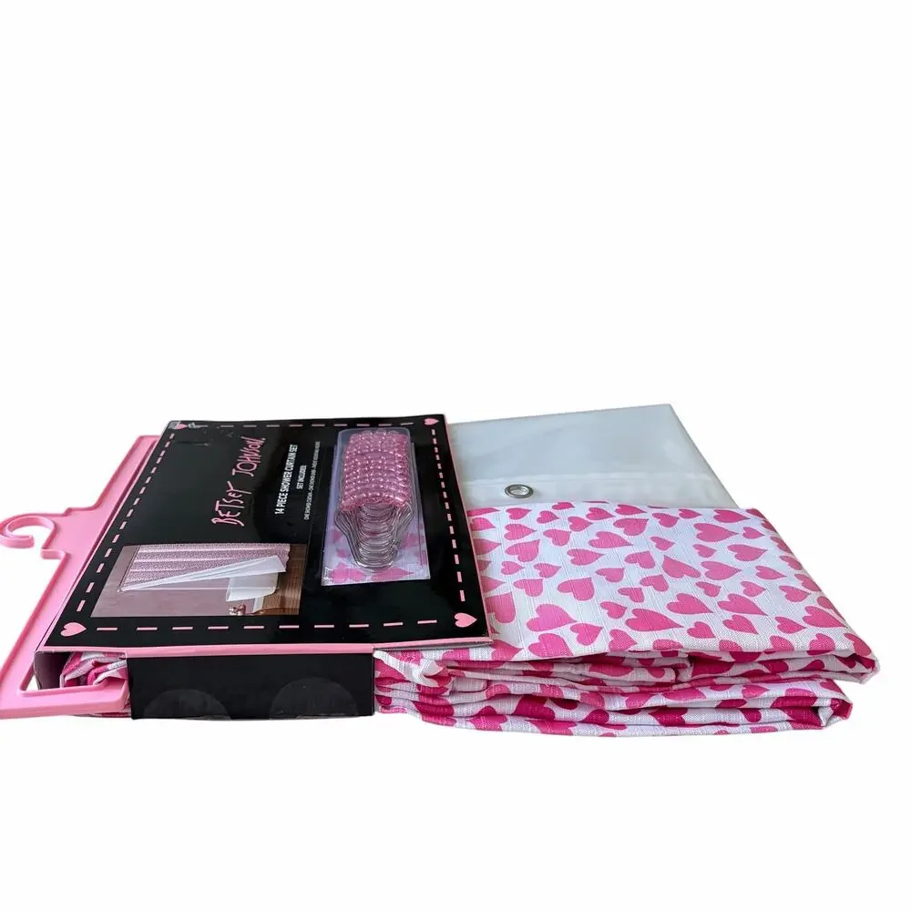 14pc Betsey Johnson Pink HEARTS Shower Curtain Hooks Liner Set 72x72 Valentine